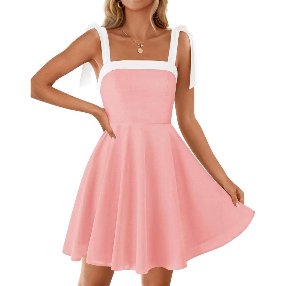 imageZESICA Womens Summer Sleeveless Mini Dress Tie Shoulder Square Neck High Waist Swing A Line Short SundressesPink