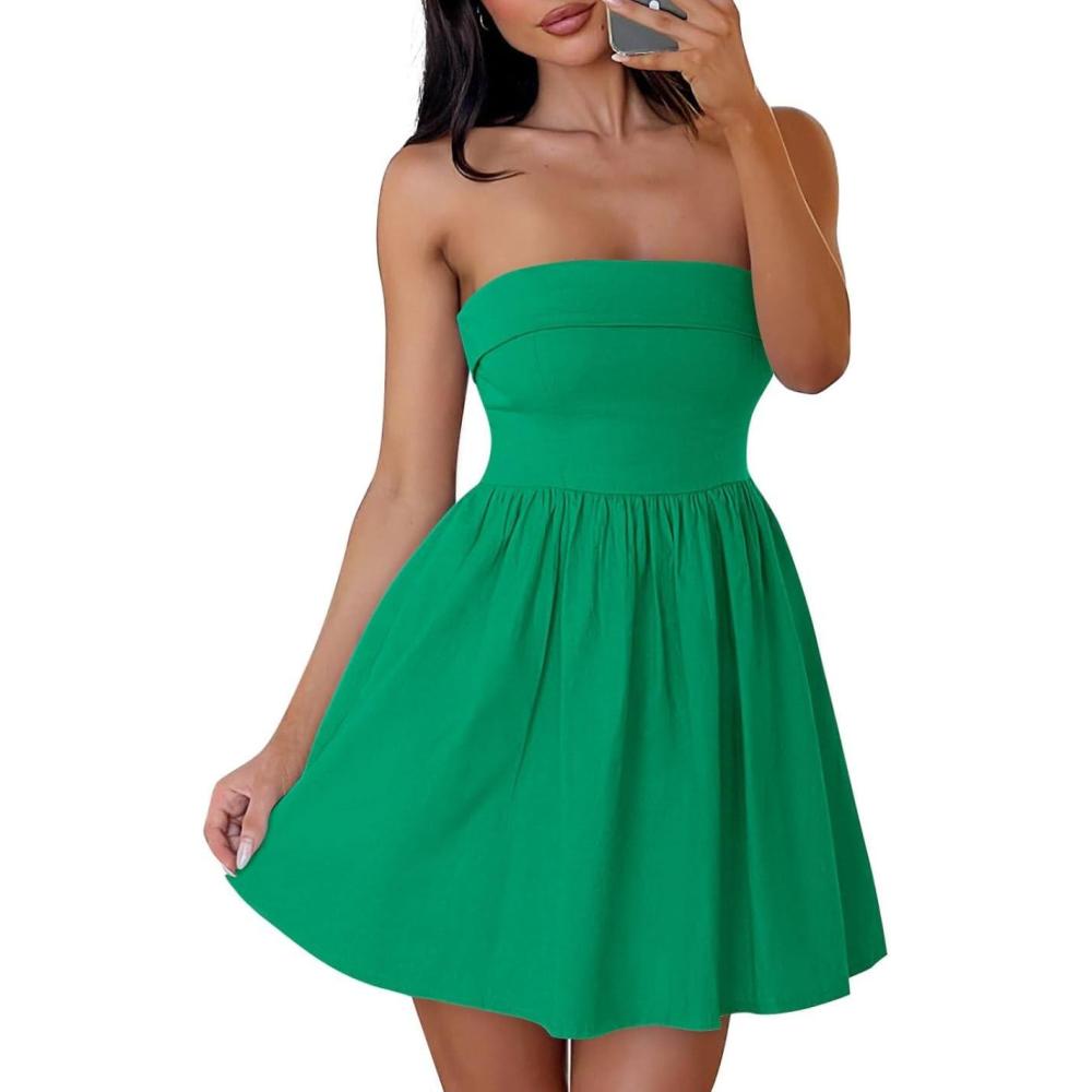 imageZESICA Womens Summer Strapless Mini Dress 2026 Sexy Off Shoulder High Waist A Line Swing Party Short DressesGreen