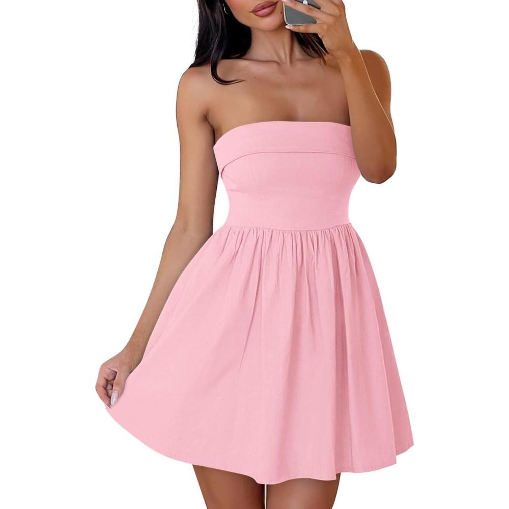 imageZESICA Womens Summer Strapless Mini Dress 2026 Sexy Off Shoulder High Waist A Line Swing Party Short DressesPink