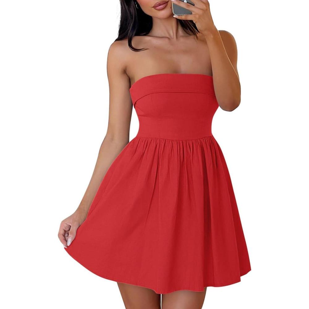 imageZESICA Womens Summer Strapless Mini Dress 2026 Sexy Off Shoulder High Waist A Line Swing Party Short DressesRed