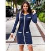ZESICA Fall Dresses for Women 2026 Long Sleeve Button Color Block Knit Bodycon Short Sweater Dresses with Pockets(Navy)