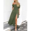 ZESICA Women’s 2026 Boho Sexy Off Shoulder Short Sleeve Smocked Side Split Flowy A Line Tiered Long Maxi Dress with Pockets(Olive)