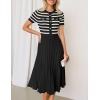 ZESICA Women’s 2026 Casual Striped Midi Dress Crewneck Short Sleeve Button Ribbed Knit Swing Pleated A Line Dresses(Black)