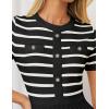 ZESICA Women’s 2026 Casual Striped Midi Dress Crewneck Short Sleeve Button Ribbed Knit Swing Pleated A Line Dresses(Black)