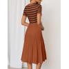 ZESICA Women’s 2026 Casual Striped Midi Dress Crewneck Short Sleeve Button Ribbed Knit Swing Pleated A Line Dresses(Caramel)