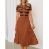 ZESICA Women’s 2026 Casual Striped Midi Dress Crewneck Short Sleeve Button Ribbed Knit Swing Pleated A Line Dresses(Caramel)