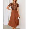 ZESICA Women’s 2026 Casual Striped Midi Dress Crewneck Short Sleeve Button Ribbed Knit Swing Pleated A Line Dresses(Caramel)