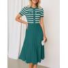 ZESICA Women’s 2026 Casual Striped Midi Dress Crewneck Short Sleeve Button Ribbed Knit Swing Pleated A Line Dresses(Darkgreen)