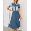 ZESICA Women’s 2026 Casual Striped Midi Dress Crewneck Short Sleeve Button Ribbed Knit Swing Pleated A Line Dresses(Dusty Blue)