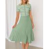 ZESICA Women’s 2026 Casual Striped Midi Dress Crewneck Short Sleeve Button Ribbed Knit Swing Pleated A Line Dresses(Light Green)