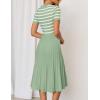 ZESICA Women’s 2026 Casual Striped Midi Dress Crewneck Short Sleeve Button Ribbed Knit Swing Pleated A Line Dresses(Light Green)