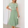 ZESICA Women’s 2026 Casual Striped Midi Dress Crewneck Short Sleeve Button Ribbed Knit Swing Pleated A Line Dresses(Light Green)