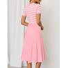 ZESICA Women’s 2026 Casual Striped Midi Dress Crewneck Short Sleeve Button Ribbed Knit Swing Pleated A Line Dresses(Pink)