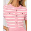 ZESICA Women’s 2026 Casual Striped Midi Dress Crewneck Short Sleeve Button Ribbed Knit Swing Pleated A Line Dresses(Pink)