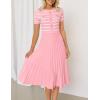 ZESICA Women’s 2026 Casual Striped Midi Dress Crewneck Short Sleeve Button Ribbed Knit Swing Pleated A Line Dresses(Pink)