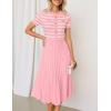 ZESICA Women’s 2026 Casual Striped Midi Dress Crewneck Short Sleeve Button Ribbed Knit Swing Pleated A Line Dresses(Pink)