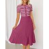 ZESICA Women’s 2026 Casual Striped Midi Dress Crewneck Short Sleeve Button Ribbed Knit Swing Pleated A Line Dresses(Plum)
