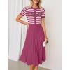 ZESICA Women’s 2026 Casual Striped Midi Dress Crewneck Short Sleeve Button Ribbed Knit Swing Pleated A Line Dresses(Plum)
