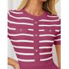 ZESICA Women’s 2026 Casual Striped Midi Dress Crewneck Short Sleeve Button Ribbed Knit Swing Pleated A Line Dresses(Plum)