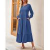 ZESICA Women’s 2026 Fall Long Sleeve Dress Crewneck Casual Loose Pleated Tiered Swing Midi Dresses with Pockets(Dustyblue)