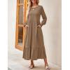 ZESICA Women’s 2026 Fall Long Sleeve Dress Crewneck Casual Loose Pleated Tiered Swing Midi Dresses with Pockets(Khaki)