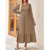 ZESICA Women’s 2026 Fall Long Sleeve Dress Crewneck Casual Loose Pleated Tiered Swing Midi Dresses with Pockets(Khaki)