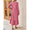 ZESICA Women’s 2026 Fall Long Sleeve Dress Crewneck Casual Loose Pleated Tiered Swing Midi Dresses with Pockets(Pink)