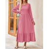 ZESICA Women’s 2026 Fall Long Sleeve Dress Crewneck Casual Loose Pleated Tiered Swing Midi Dresses with Pockets(Pink)