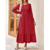 ZESICA Women’s 2026 Fall Long Sleeve Dress Crewneck Casual Loose Pleated Tiered Swing Midi Dresses with Pockets(Red)