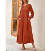 ZESICA Women’s 2026 Fall Long Sleeve Dress Crewneck Casual Loose Pleated Tiered Swing Midi Dresses with Pockets(Rust)