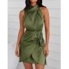 ZESICA Women’s 2026 Fashion Satin Sleeveless Halter Neck Tie Waist Wrap Bodycon Cocktail Party Mini Dress(Armygreen)