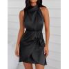 ZESICA Women’s 2026 Fashion Satin Sleeveless Halter Neck Tie Waist Wrap Bodycon Cocktail Party Mini Dress(Black)
