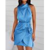 ZESICA Women’s 2026 Fashion Satin Sleeveless Halter Neck Tie Waist Wrap Bodycon Cocktail Party Mini Dress(Blue)