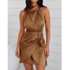 ZESICA Women’s 2026 Fashion Satin Sleeveless Halter Neck Tie Waist Wrap Bodycon Cocktail Party Mini Dress(Brown)