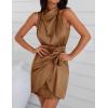 ZESICA Women’s 2026 Fashion Satin Sleeveless Halter Neck Tie Waist Wrap Bodycon Cocktail Party Mini Dress(Brown)