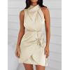ZESICA Women’s 2026 Fashion Satin Sleeveless Halter Neck Tie Waist Wrap Bodycon Cocktail Party Mini Dress(Champagne)