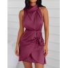 ZESICA Women’s 2026 Fashion Satin Sleeveless Halter Neck Tie Waist Wrap Bodycon Cocktail Party Mini Dress(Fuchsia)