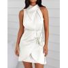 ZESICA Women’s 2026 Fashion Satin Sleeveless Halter Neck Tie Waist Wrap Bodycon Cocktail Party Mini Dress(Ivory)