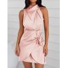 ZESICA Women’s 2026 Fashion Satin Sleeveless Halter Neck Tie Waist Wrap Bodycon Cocktail Party Mini Dress(Lightpink)