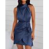 ZESICA Women’s 2026 Fashion Satin Sleeveless Halter Neck Tie Waist Wrap Bodycon Cocktail Party Mini Dress(Navy)
