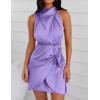 ZESICA Women’s 2026 Fashion Satin Sleeveless Halter Neck Tie Waist Wrap Bodycon Cocktail Party Mini Dress(Purple)