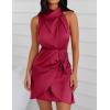 ZESICA Women’s 2026 Fashion Satin Sleeveless Halter Neck Tie Waist Wrap Bodycon Cocktail Party Mini Dress(Red)