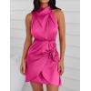 ZESICA Women’s 2026 Fashion Satin Sleeveless Halter Neck Tie Waist Wrap Bodycon Cocktail Party Mini Dress(Rose)