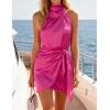 ZESICA Women’s 2026 Fashion Satin Sleeveless Halter Neck Tie Waist Wrap Bodycon Cocktail Party Mini Dress(Rose)