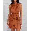 ZESICA Women’s 2026 Fashion Satin Sleeveless Halter Neck Tie Waist Wrap Bodycon Cocktail Party Mini Dress(Rust)