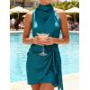 ZESICA Women’s 2026 Fashion Satin Sleeveless Halter Neck Tie Waist Wrap Bodycon Cocktail Party Mini Dress(Teal)