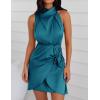 ZESICA Women’s 2026 Fashion Satin Sleeveless Halter Neck Tie Waist Wrap Bodycon Cocktail Party Mini Dress(Teal)
