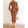 ZESICA Women’s 2026 Square Neck Ribbed Knit Dress Puff Long Sleeve Slim Fit Bodycon Fall Winter Pullover Sweater Dress(Coffee)