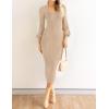 ZESICA Women’s 2026 Square Neck Ribbed Knit Dress Puff Long Sleeve Slim Fit Bodycon Fall Winter Pullover Sweater Dress(Lightkhaki)