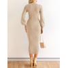 ZESICA Women’s 2026 Square Neck Ribbed Knit Dress Puff Long Sleeve Slim Fit Bodycon Fall Winter Pullover Sweater Dress(Lightkhaki)